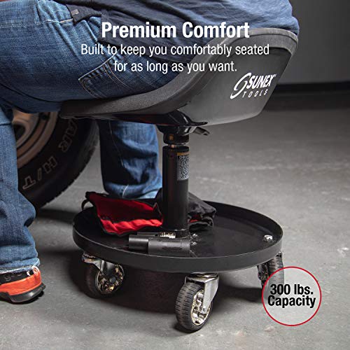 SUNEX TOOLS 8514 300-Pound Capacity Telescoping Tractor Seat with Parts Tray and 3.5-Inch Heavy Duty Casters