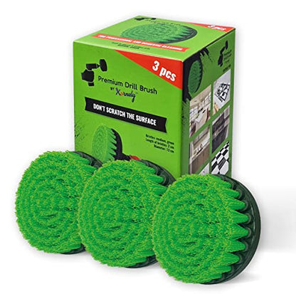 Premium Drill Brush Professional – Medium-Stiff 5 in Green Set of 3 | Scratch-Free Kitchen Cleaning Brush for Ovens, Hobs, Worktops, Floor Tiles, Linoleum and Greasy Cookware - color: Green