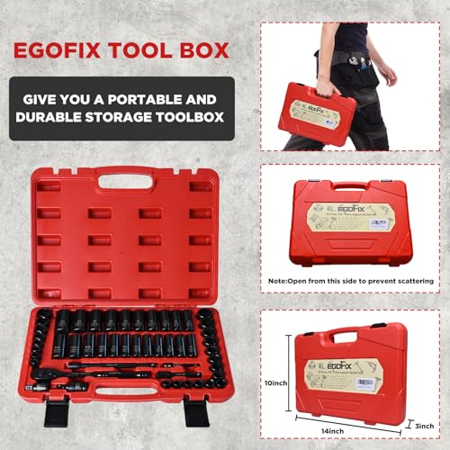 3/8" Drive Impact Socket Set, 50 Piece Standard SAE (5/16 to 3/4 inch) and Metric (8-22mm) 6 Point, with Adjustable Ratchet Handle, Extension Bars, Impact Universal Joint, Adapter, Cr-V Steel - style: 3/8-50PCS