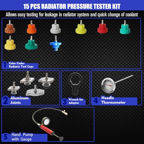 Coolant Pressure Tester Kit, Radiator Pump Pressure Tester with Vacuum Pump Vacuum Purge & Refill Tool, Automotive Cooling System Water Tank Leak Detection Tool (15 PCS)