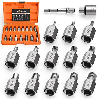XEWEA Upgrade 3/8" Drive 15 Piece Screw Extractor Set | Hex Head Multi-Spline Easy Out Stripped Bolt Remover Kit Tool, CR-MO Material for Removing Broken Rusted Screws, Bolts, Studs - color: 15pcs