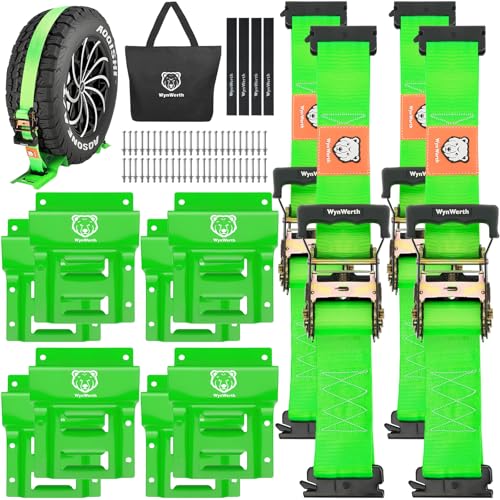 UTV Wheel Chock Tie Down Kit 4,500lb Break Strength 4Pack | (4) 2" x 8' Heavy Duty Trailer Tire Ratchet Straps, (8) Wheel Chocks for for ATV, UTV, Lawn Mower or Tractors, Green - color: Green, 4 Pack