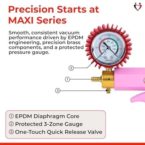 LeLuv Maxi Vacuum Pump - Manual Hand Vacuum (0-30 Hg, 0-760 mmHg) with Ergonomic Nylon Handle, Release Valve, & Rubber Protected Pressure Gauge (1/8" NPT), Compatible with LeLuv Pump Series - Pink - color: Pink