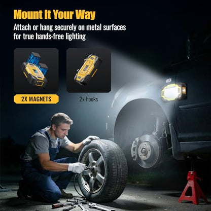 Magnetic Work Light Rechargeable, 8000mAh Dual Light Source COB LED Work Light with 8 Lighting Modes, IP65 Waterproof, Portable Flashlight with 2 Strong Magnets & Hook for Mechanic Car Repair Camping