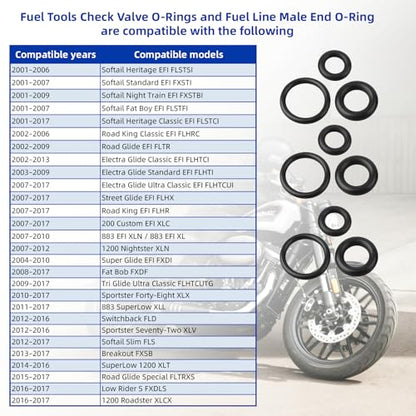 Fuel Tool O-Ring kit for Harley-Davidson EFI Models from 2001 Onwards, Including Fuel Tool Check Valve O-Rings and Fuel line Male O-Rings, for Street Glide, Road King, Softail Models.