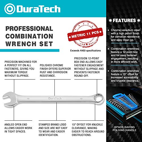 DURATECH Combination Wrench Set, Metric, 11-Piece, 8-19mm | 12-Point, CR-V Steel, Organized in Wrench Holder - size: Set (8 mm to 19 mm)