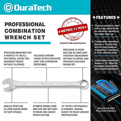 DURATECH Combination Wrench Set, Metric, 11-Piece, 8-19mm | 12-Point, CR-V Steel, Organized in Wrench Holder - size: Set (8 mm to 19 mm)