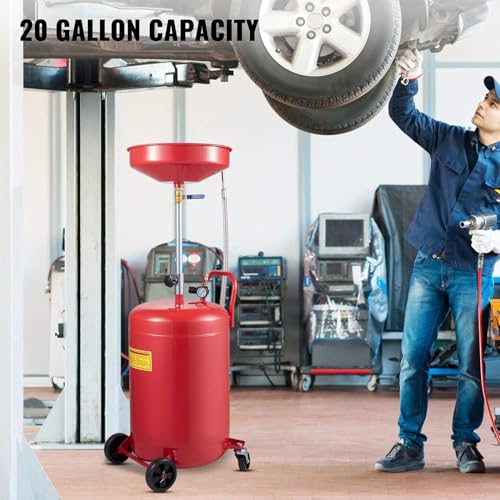 VEVOR Oil Drain Container, 20 Gallon Waste Oil Drain Tank, Portable Oil Lift Drain Pan Air Operated Drainer, Fluid Fuel Drainage Adjustable Funnel Height with Pressure Regulating Valve & Wheel - size: 20 Gallon