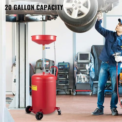 VEVOR Oil Drain Container, 20 Gallon Waste Oil Drain Tank, Portable Oil Lift Drain Pan Air Operated Drainer, Fluid Fuel Drainage Adjustable Funnel Height with Pressure Regulating Valve & Wheel - size: 20 Gallon