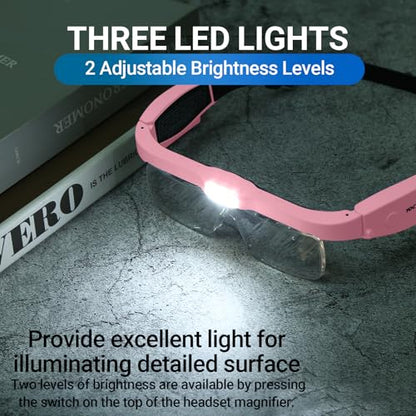 YOCTOSUN Magnifying Glasses with Light, Rechargeable Magnifying Headset with 5 Detachable Lenses 0.75X-4.0X and 3 LED Lights, Hands Free Headband Magnifier for Close Work Hobby Crafts Jewelry - color: Pink