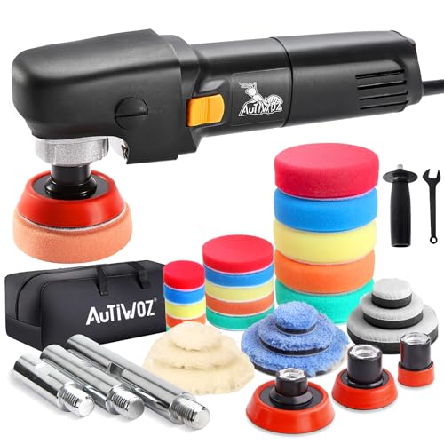 AUTIWOZ Mini Buffer Polisher, Car Polisher Waxer, 600W Rotary Polisher Machine with 33Pcs Polishing Kit, with 1" /2" /3" Base Pads M14 Thread Extension Shaft for Car Boat Sanding Polishing and Waxing