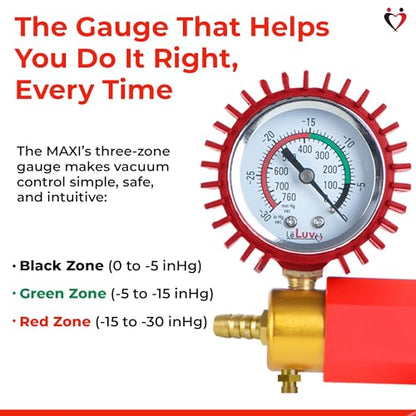 LeLuv Maxi Vacuum Pump - Manual Hand Vacuum (0-30 Hg, 0-760 mmHg) with Ergonomic Nylon Handle, Release Valve, & Rubber Protected Pressure Gauge (1/8" NPT), Compatible with LeLuv Pump Series - Red - color: Red