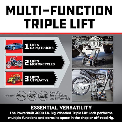 Powerbuilt Big Wheel Triple Lift Garage Jack, 3000 Pound Off Road Lift, Truck, Car, Motorcycle 1.5 Ton Capacity, 620613ECE - color: Black, size: 1.5 Ton, Big Wheel