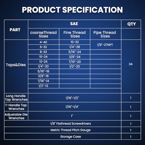 40 PCS SAE Tap and Die Set, Standard Inch Threading Tool Kit for Internal and External Threads, Tap & Die Set with Wrenches for Automotive, DIY, and Metal Repair - size: 40 Pcs SAE