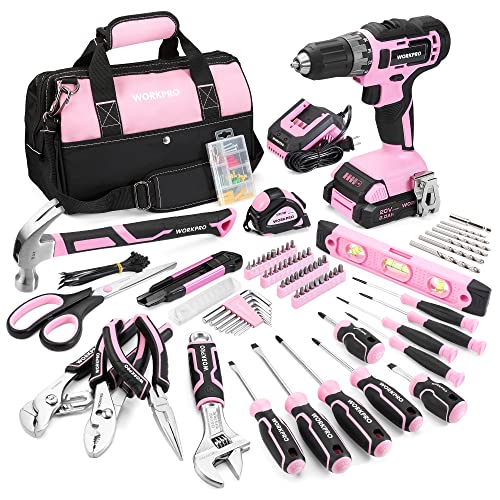 WORKPRO Pink Drill Set for Women, Tool Kit with 20V Cordless Lithium-ion Drill Driver, Pink Tool Set, Lady's Repairing Kit with 14-Inch Storage Bag, 157PCS - color: Pink