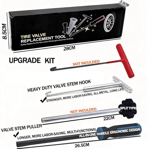 Valve Stem Removal Tool with Heavy Duty Hook & Longer Puller,Tire Valve Stem & Core Replacement Installation Tool Kit,without Tire Removal,Tire Pressure Checking, for Cars Motorcycles Lawn Mowers ATVs