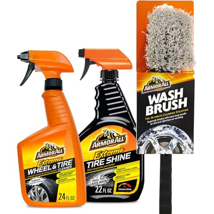 Armor All Wheel Cleaner and Tire Shine Kit, Heavy Duty Car Wheel Cleaner, Extreme Tire Shine Spray and Wash Brush - 3 Count - style: Wheel Cleaner & Tire Shine Kit