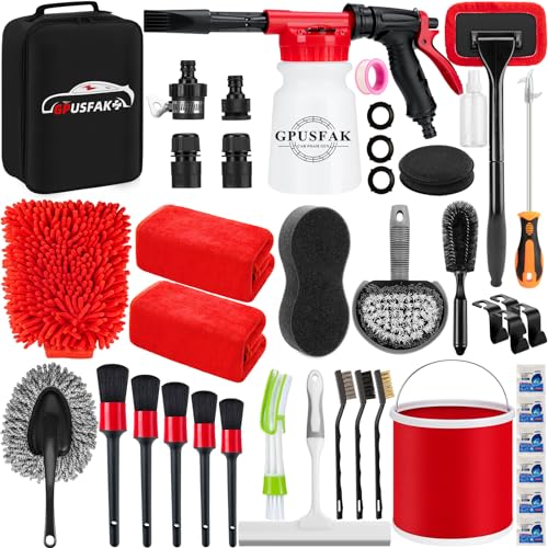 39Pcs Car Wash Cleaning Kit with Foam Gun Sprayer Detailing Brushes Collapsible Bucket Windshield Cleaning Tool Tire Brush Towels Complete Interior Exterior Detailing Set for Car - size: 39Pcs