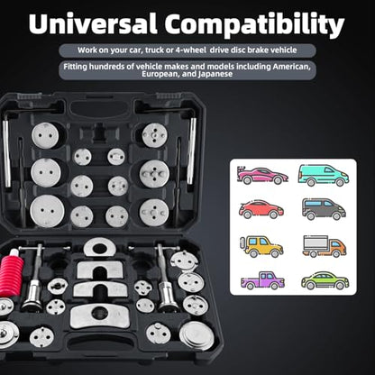 8MILELAKE 35pcs Disc Brake Caliper Tool Kit, Heavy Duty Disc Brake Piston Caliper Compressor Rewind Tool for Brake Pad Replacement, Fits Most American, European, Japanese Autos (Black) - color: Black