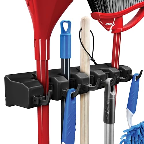 Mop and Broom Holder Wall Mount - Garage Storage Organizer with 5 Slots, 6 Hooks, 7.5lbs Capacity Per Slot - Home, Kitchen, Closet, Garden Tools, Laundry Room Organization – Black Broom Hanger - color: Black, size: 1 Pack 5-position, 6-Hooks