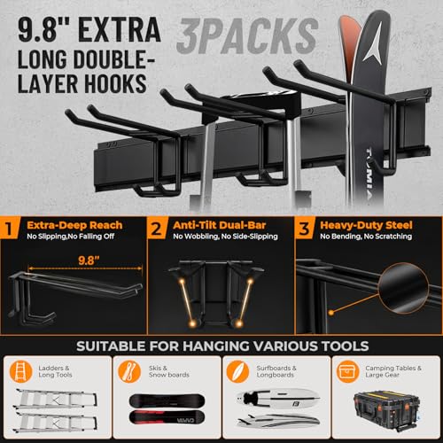 99" Heavy Duty Garage Tool Organizer Wall Mount, Steel Garage Storage Rack Holds up to 900 lbs with Adjustable Hooks, Wall Mounted Tool Organizer for Garage, Shed & Yard, 6 Panels, 13 Hooks & 2 Straps - size: 99"|6 Panels+13 Hooks+2 Straps