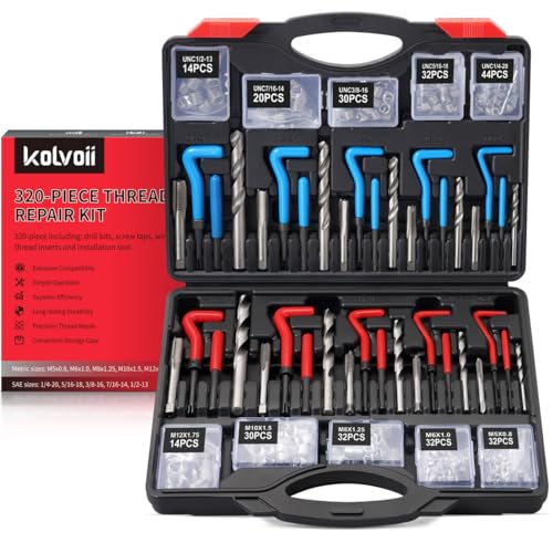 Kolvoii Helicoil Thread Repair Kit 320-Piece, Metric & SAE HSS Drill Bits Tap Set, Spark Plug Engine Stud Insert for Automotive Rethreading Restorer Tool - size: 320PCS Metric & SAE