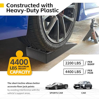 MAXXHAUL 50699 Low Profile Car Ramps for Vehicle Maintenance & Display, Short Incline for Floor Jack Support (2-Pack), 4,400 lb Capacity (2,200 lbs per Ramp) - size: Compact Length