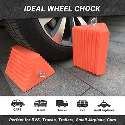 HOXWELL Premium 4 pcs Heavy Duty Wheel Tire Chocks, Vehicle Chocks with Eyebolt for Travel Trailers, Camper, Truck, Car and ATV 4 Pack, Orange - color: Orange-4 pcs