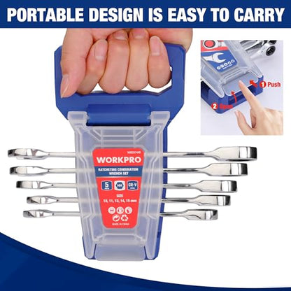 WORKPRO Ratcheting Wrench Set, Metric, 5-piece Ratcheting Combination Wrench Set, 10mm, 11mm, 13mm, 14mm, 15mm, 12-Point, CR-V Steel, with Organizer Rack - size: 5-piece, style: Metric