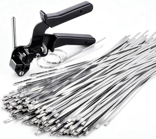 Sinlon Cable Tie Gun Kit with 150Pcs 11.8" 304 Stainless Steel Ties | Heavy Duty Wire Fence Repair Tool, For Chain Link, Farm Metal Cages, Chicken Coops, Automotive Exhaust Wraps