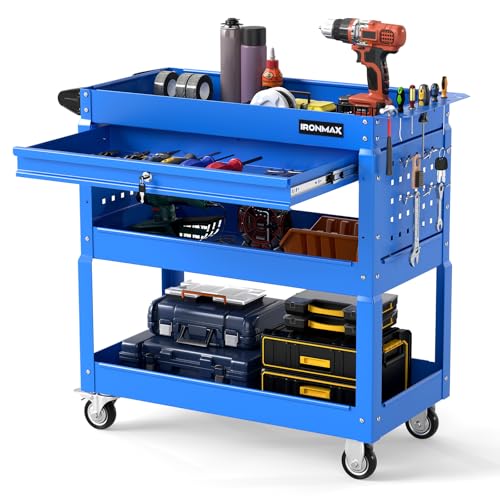 Goplus 3 Tier Rolling Tool Cart with Lockable Drawer, Heavy Duty Metal Utility Cart on Wheels with Pegboards & Hooks, Mechanic Tool Storage Organizer for Garage, Warehouse & Workshop (Blue) - color: Blue