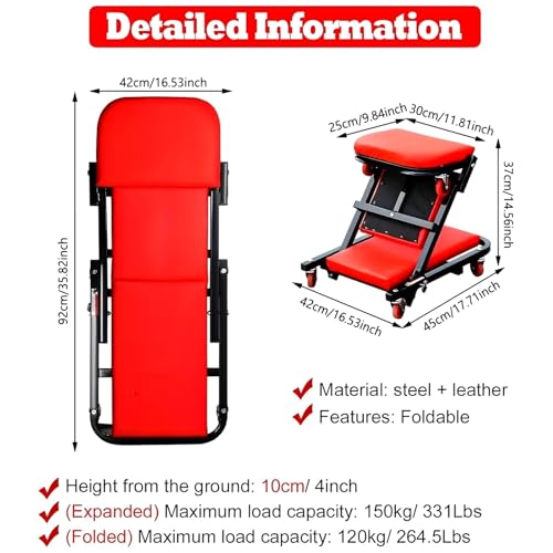 Under Car Roller Creeper 300 lbs Capacity Z Creeper Seat 36 Inch 2 in 1 Black Foldable Low Profile Garage Chair with 6 Wheels Mechanic