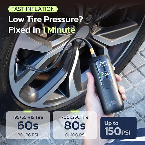 Woowind LP1 Bike Pump Portable Air Compressor, Tire Inflator for Car, 1 Minute Inflation, 150PSI Air Pump for Car Tires, Bikes, Motorcycles, Balls - with Digital Pressure Gauge