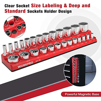 WORKPRO Magnetic Socket Organizer, 3/8-Inch SAE Socket Holder | Hold 26-Piece Sockets, Suitable for Standard and Deep Socket, Magnetic Base, No Scratches Installation, Sockets not Included - size: 3/8" DR - SAE