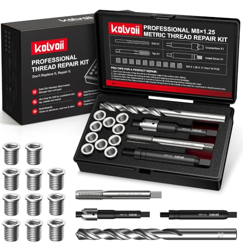 Kolvoii M8 X 1.25 Metric Thread Repair Kit with HSS Drill Bit, Tap, Counterbore and Installation Tool, 10 Solid 304 Stainless Steel Thread Inserts, 11.7mm Length, for Automotive and DIY Repairs - size: M8x1.25x11.7mm