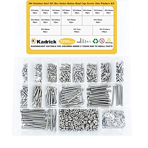 Kadrick 1290 Pcs M3 Metric Screw Aassortment,4mm-40mm Commonly Used 304 Stainless Steel Button Head Hex Socket Cap Bolts Nuts Washers Kit with Hex Wrench - size: SS M3 1290Pcs 4-40mm