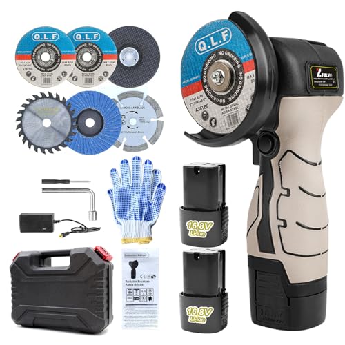 ZFULVO Cordless Brush Angle Grinder Kit, 19500rpm Mini Electric Angle Grinding Tool with 2pcs 16.8V 2000mAh Batteries and 6-Cutting Discs, Grinder Handheld Cutter for Metal Wood - color: Grey