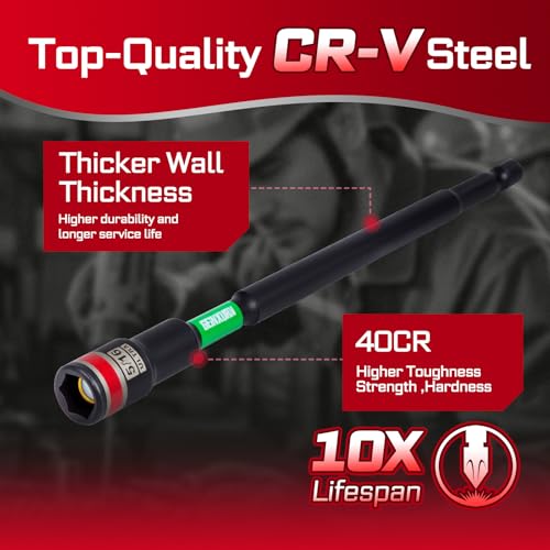 Geinxurn Impact Nut Driver Set, 10 Pieces 2.56”6”Long 1/4”5/16”3/8”7/16” 1/2”6 Point Alloy Steel Magnetic SAE Nut Setter Set Use For Require Installing 1/4 Hex Shank Impact Driver with Case Box - size: 2.56"/6", style: MIXS-10pcs