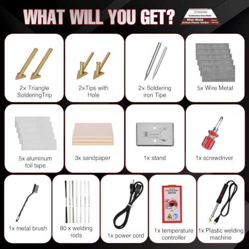 Plastic Welder with Adjustable Temperature 180-360°C, Plastic Welding Kit for Car Bumper, Dashboard, Kayak, Canoe, 8 Types of Plastic Welding Rods, Overheat Protection, RED.