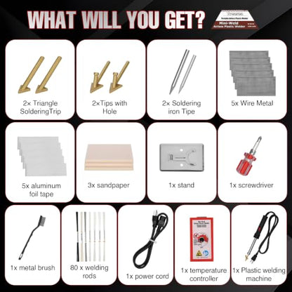 Plastic Welder with Adjustable Temperature 180-360°C, Plastic Welding Kit for Car Bumper, Dashboard, Kayak, Canoe, 8 Types of Plastic Welding Rods, Overheat Protection, RED.