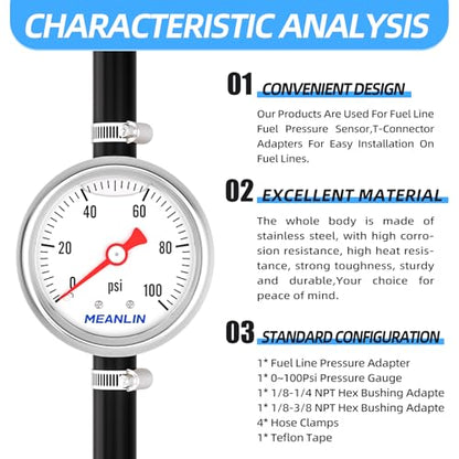 MEANLIN MEASURE 0-100Psi Stainless Steel Glycerin Filled Pressure Gauge 1/8" NPT 1.5" FACE DIAL, with 3/8" Barb Pressure Adapter Liquid Filled Pressure Gauge (9Pieces Kit, Back Mount) - size: 0-100Psi