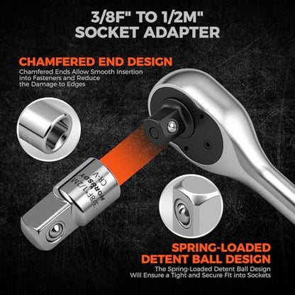 HORUSDY 3/8" Drive 90T Quick-Release Ratchet Handle, Reversible, Chrome Alloy Made, Full Polished, Includes 3/8" to 1/2" Socket Adapter, Ideal for Auto Repair, Home & Industrial Use - style: 3/8" Drive 90T