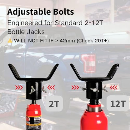 Adjustable Bottle Jack Adapter with Triple-Lock, Secure Wobble-Free Fit for 2T-12T Bottle Jacks, Heavy Duty 1/4" Steel Saddle for 3" & 4" Axle Tubes on RV, Truck, Trailer - color: Black