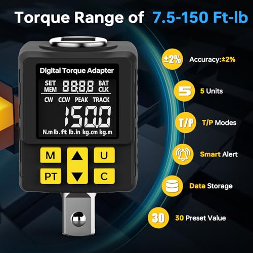1/2" Digital Torque Wrench Adapter with 1/4" & 3/8" Adapters, 7.5-150Ft-lb, ±2% Accuracy, Buzzer & LED Alert, Versatile Digital Torque Adapter - Preset | Peak/Track | Store/Delete - for Auto, Moto - size: 8-150 Ft-lb/10-200 Nm