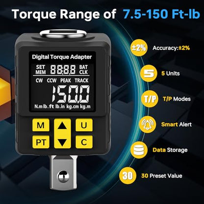 1/2" Digital Torque Wrench Adapter with 1/4" & 3/8" Adapters, 7.5-150Ft-lb, ±2% Accuracy, Buzzer & LED Alert, Versatile Digital Torque Adapter - Preset | Peak/Track | Store/Delete - for Auto, Moto - size: 8-150 Ft-lb/10-200 Nm