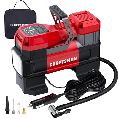 CRAFTSMAN Portable 12V Tire Inflator with Digital Gauge & Auto Shut-Off | 150 PSI Air Compressor with LED Light and 12V DC Car Plug Compact Air Pump for Car Tires, Bikes & Sports Equipment