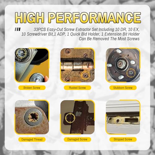 33 PCS Screw Extractor Set, HSS 6542 Titanium Easy Out Screw & Bolt Remover Kit with Magnetic Extension & Socket Adapter for Stripped, Broken, Rusted Screws - size: 33 Pieces
