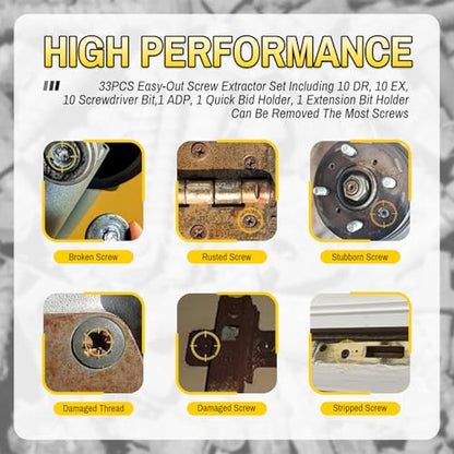 33 PCS Screw Extractor Set, HSS 6542 Titanium Easy Out Screw & Bolt Remover Kit with Magnetic Extension & Socket Adapter for Stripped, Broken, Rusted Screws - size: 33 Pieces