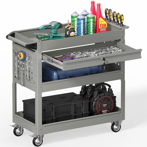 3 Tier Rolling Tool Cart on Wheels, Heavy Duty Industrial Utility Cart Service Cart with Drawer and Screwdriver Rack Pegboard, 550 LBS Mobile Tool Storage Organizer for Workshop, Garage(Gray) - color: Gray