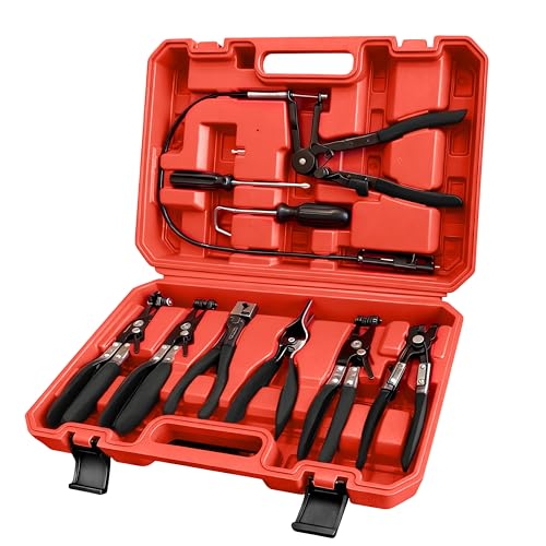 9Pcs Hose Clamp Pliers Set for Coolant/Fuel/Oil/Water Hoses | Flexible 24" Long Wire Spring Hose Clamp with Swivel Jaw, Clic-R Type Pliers, Hose Remover & Flat Band Clamp Tool, Red Case